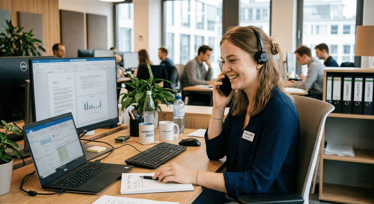 Mitarbeiterin der K&B Verkehrs-Bildungs GmbH am Telefon im Büro