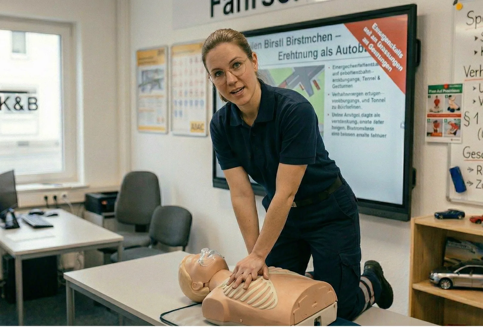 Erste-Hilfe-Ausbilderin zeigt die Herzdruckmassage an einer Übungspuppe