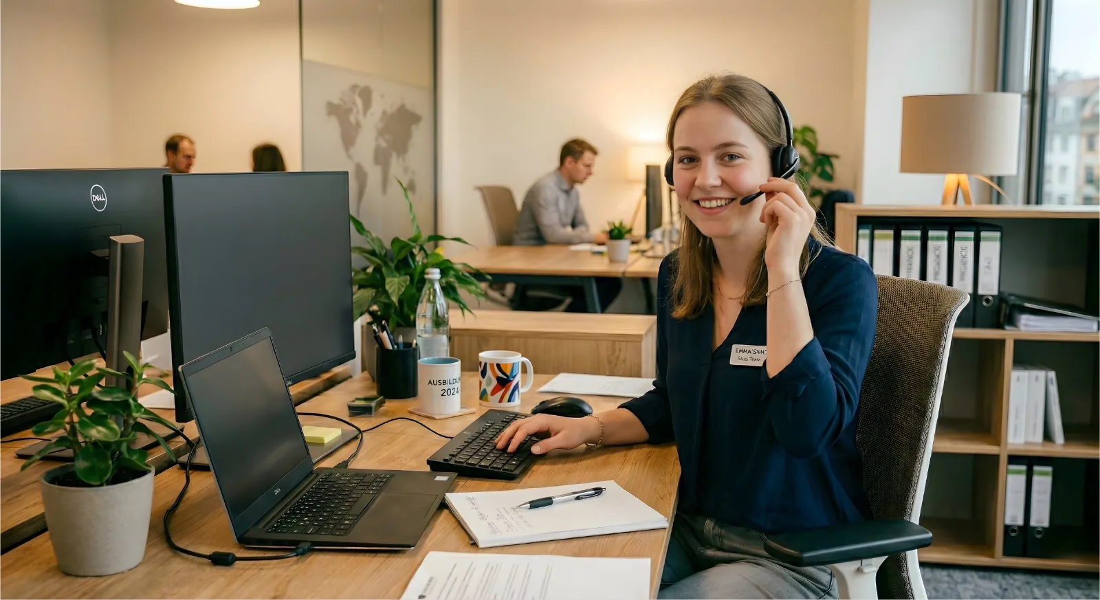 Auszubildende im Büromanagement mit Headset am Arbeitsplatz